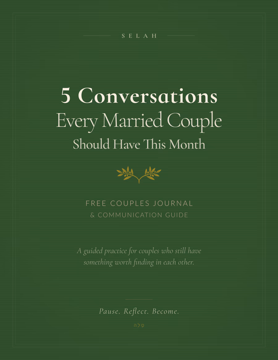 The cover of the free guide, '5 Conversations Every Married Couple Should Have This Month,' cream lettering on deep sage with a gold olive branch